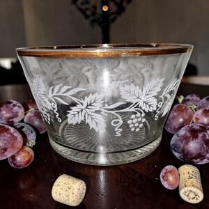 Vintage Etched Glass Grape Bowl Gold Rim Mid Century Decorative Dish